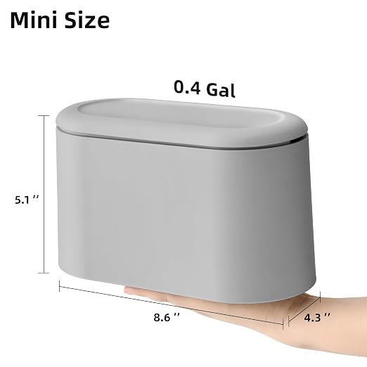 SUBEKYU 0.5 Gal Mini Countertop Trash Can with Lid for Desktop, Small Garbage Can for Office, Tiny Wastebasket, Plastic, Light Grey - Image 2