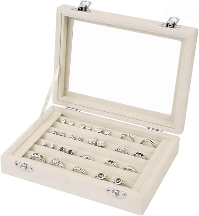 Jewelry Box Rings Organizer Tray 7 Slots Velvet Jewelry Earring Storage Box With Transparent Lid Jewelry Display Case for Girls Women (Beige) by EONGOA