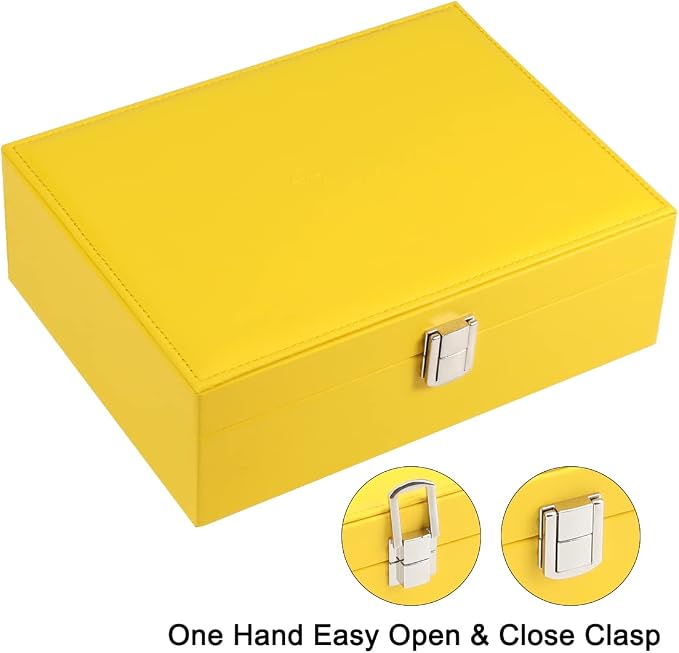 Voova Jewelry Box Organizer for Women Girls, 2 Layer Large Men Jewelry Storage Case, PU Leather Display Jewellery Holder with Removable Tray for Necklace Earrings Rings Bracelets, Vintage Gift, Yellow - Image 5