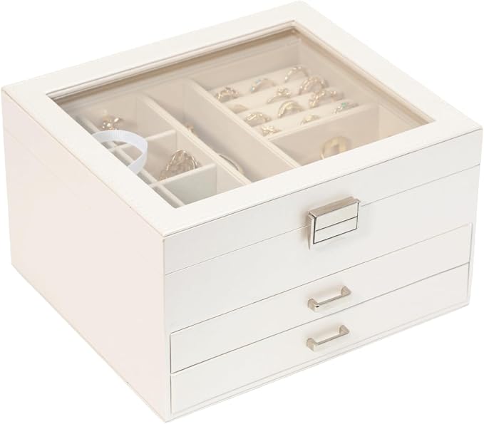 Clear Lid Jewelry Box,3 Layers Jewelry Organizer Large Multi-Functional Jewelry Storage Box with 2 Drawers,Jewelry Display Case of Rings Earrings Necklace Bracelets for Women Girls (Light gold) by BOOVO