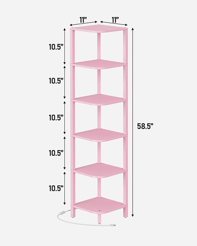 TUTOTAK Corner Shelf with LED Light, 6-Tier Corner Bookshelf for Small Space, Narrow Display Corner Shelf Stand with Storage Rack, for Living Room, Bedroom, Pink BS08BP006L - Image 2