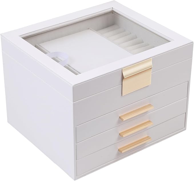 BOOVO Clear Lid Jewelry Box,4 Layers Jewelry Organizer Large Jewelry Storage Box with 3 Drawers,Jewelry Holder Organzier of Rings Earrings Necklace Bracelets for Women (White, 4 Layer) by BOOVO