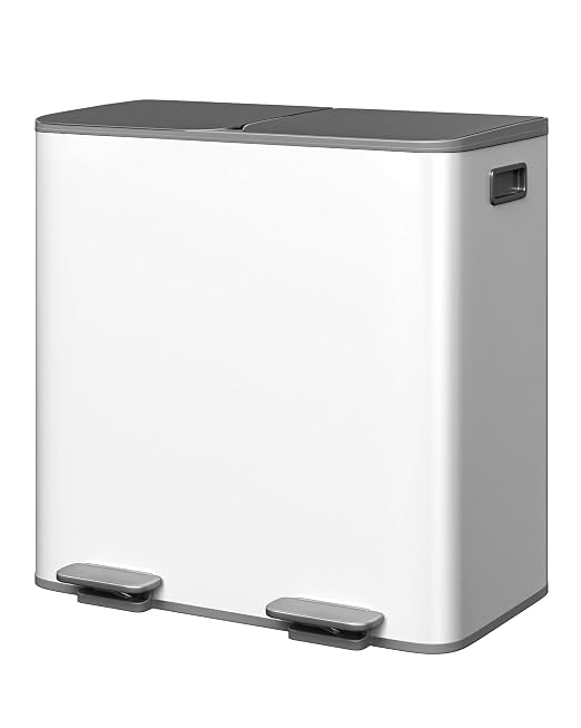 GarveeHome 2 x 10.6 gal Stainless Steel Double Trash Can with Lid for Kitchen, Large Dual Trash and Recycle Bin Combo, Step-on Kitchen Metal Garbage Cans, PP Inner Buckets, Liner Rim, Grayish-White by GarveeHome
