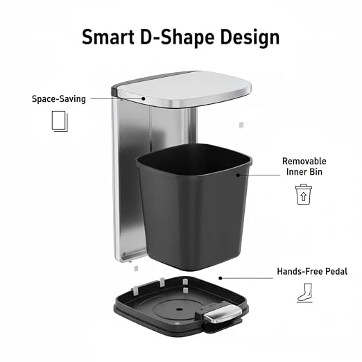 Garvee Stainless Steel Trash Can, 50 L/13 gal Hands Free Garbage Can with Soft Close Lid and Foot Pedal, Metal Kitchen Waste Bin with Inner Bucket for Living Room, Office, D Shape, Silver - Image 5