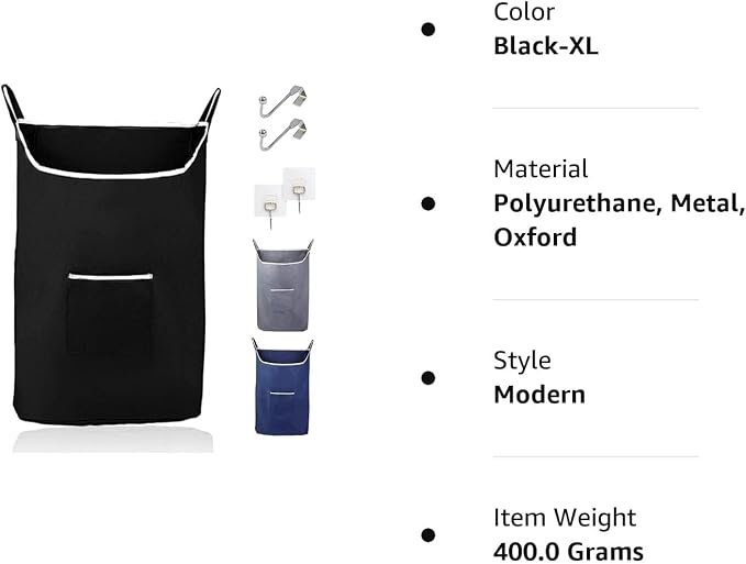 The Fine Living Co. X-Large Hanging Laundry Hamper with Over Door Hooks & Adhesive,Durable Space Saving Laundry Bag with Zipper and Wide Open Top,Hanging Dorm Laundry Hamper 20"x3.75"x31" (Black-XL) - Image 9