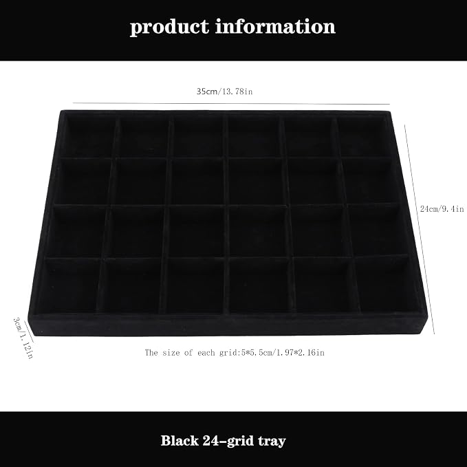 Large Velvet Jewelry Tray, Drawer Organizer for Jewelry in Dresser, Stackable Jewelry Drawer Organizer Inserts for Earring Necklace Bracelet Rings(Black,24grid) - Image 6