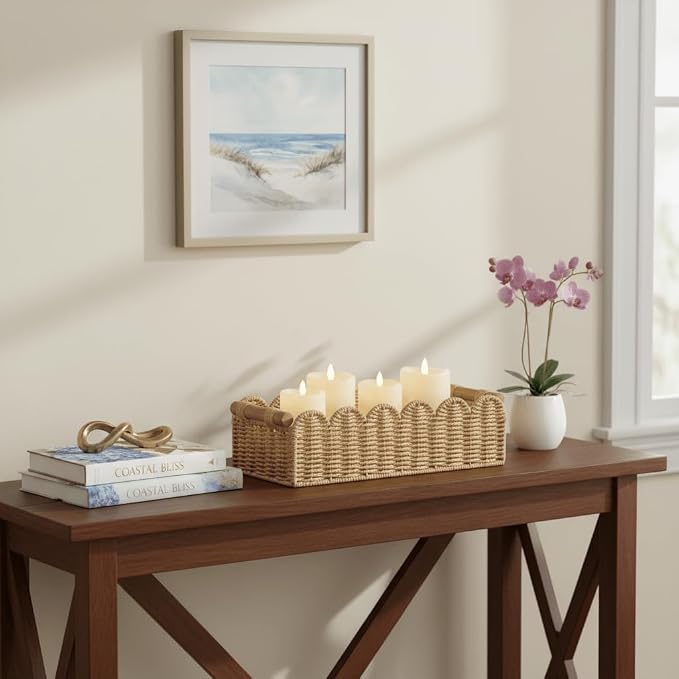 CubesLand Scalloped Edge Toilet Paper Storage Basket, Living Room Home Cozy Decor Basket, Paper Rope Small Baskets for Over Toilet Storage Shelf, End Table, Shelves, with 2 Wooden Handles, Beige - Image 5