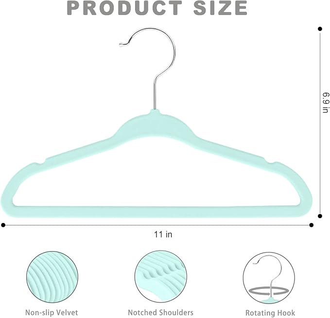 BAGAIL 50 Pack Kids Velvet Hangers 11 Inches Children's Clothes Hangers Non-Slip Baby Hangers for Infant/Toddler (Mint) - Image 2