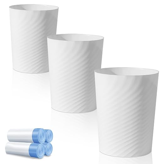 UUJOLY Bathroom Small Trash Can with Trash Bag Plastic Garbage Can Round Waste Basket for Bathrooms, Laundry Room, Kitchens, Offices, Kids Rooms, Dorms, 1.8 Gallons, 3 Pack (White) by UUJOLY