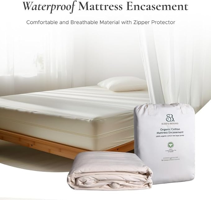 Sleep & Beyond 100% Organic Cotton All Seasons Mattress Encasement - Soft Breathable Waterproof Mattress Protector Comes with Zipper GOTS and Oeko-TEX Certified - Ivory - Twin XL up to 10 inch