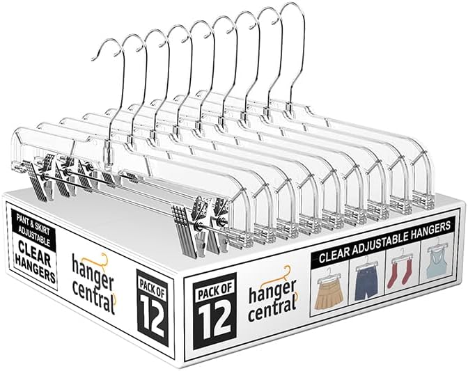 Hanger Central Premium 14 Inch Clear Pants Hangers with Adjustable Clips - 12 Pack Space-Saving Skirt Hangers - Non-Slip Heavy Duty Plastic Closet Organizers with 360° Swivel Hook by HangerCentral