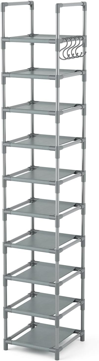 LANTEFUL Narrow Shoe Rack 10-Tier Tall Shoe Organizer Skinny Shoe Shelf Storage for 10-15 Pairs Shoe and Boot, Space Saving Corner Shoe Rack Organizer for Closet, Entryway, Living Room, Grey - Image 8