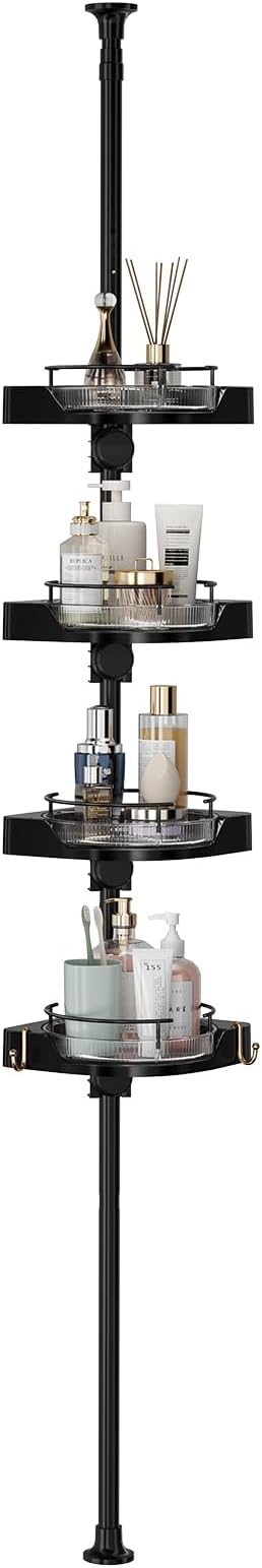 360° Rotating Shower Caddy Tension Pole, 4 Tiers Corner Shower Organizer for Bathroom Shelf Bathtub, Adjustable Standing Shower Rack Bathroom Accessories, Easily Assemble, 34-124 Inch Height, Black by YCIADONE