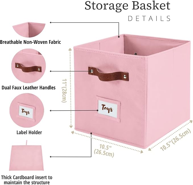 DECOMOMO Storage Bins, Cube Storage Bin with Labels, Fabric Storage Cubes for Shelves (10.5" x 11" / 6pcs, Pink) - Image 3