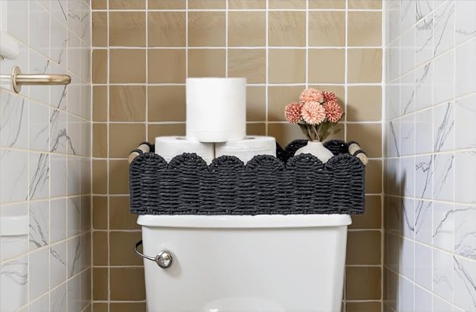 CubesLand Toilet Paper Storage Basket, Scalloped Edge Shelves Basket for Organizing for Over Toilet Tank Storage, Home Decor Baskets for Shelf, Countertop, Living Room, Bedroom, Handwoven, Black - Image 5