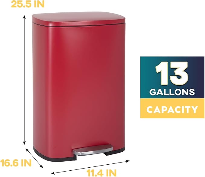 FDW | 13 Gallon Trash Can with Lid | Red | Fingerprint-Proof | Made of Brushed Stainless Steel | Soft-Close Step Pedal | Hands-Free Use | Easy to Clean | for Kitchen, Office, Bathroom - Image 7
