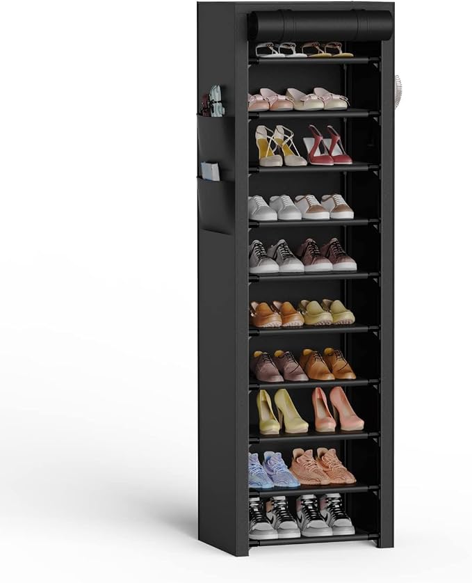 VTRIN Vertical Narrow Shoe Rack Organizer 10 Tier Tall Shoe Shelf Holds 20-22 Pairs with Non-Woven Dustproof Cover for Closet, Entryway Black by VTRIN