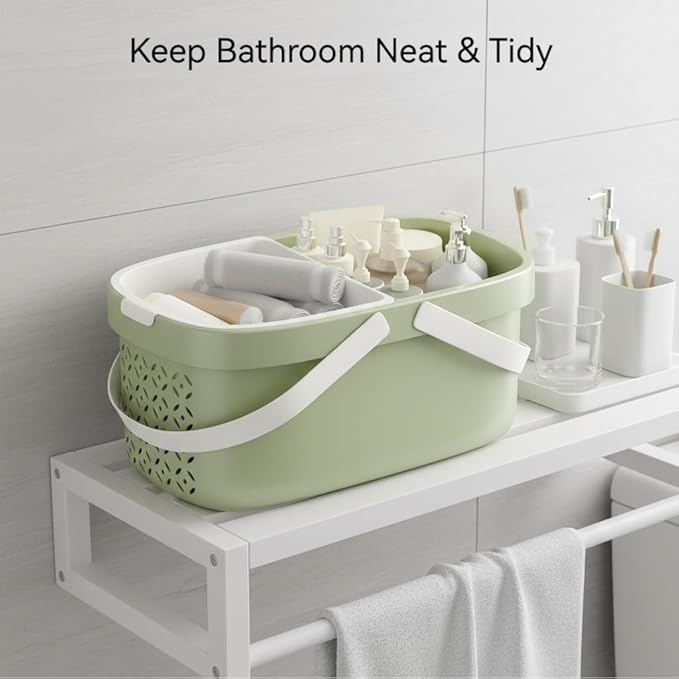 Pulseplay Plastic Organizer Storage Basket with Handles Portable Large Capacity Shower Caddy Basket with Drainage Holes for Bathroom Living Room College Dorm Room (Green) - Image 4