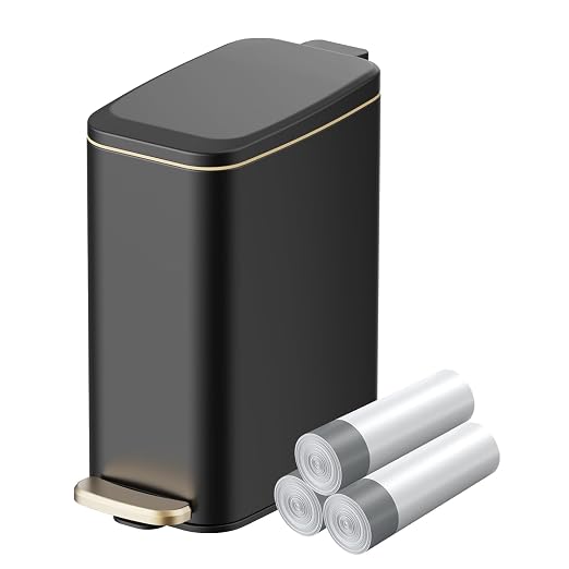 KUK Slim Bathroom Trash Can with Lid, 1.6 Gal / 6L Stainless Steel Small Garbage Bin with Detachable Inner Bucket, Step Pedal, Silent Close, Wastebasket for Toilet, Bedroom, Home, Office (Black) by KUK
