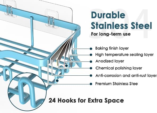 NESOMI Shower Caddy Adhesive Shower Organizer 7-Pack, Rustproof Stainless Steel Bathroom Shelves, Large Capacity No-Drill Rack Storage Accessories with Soap Dish Toothbrush Holder Hooks - Image 3