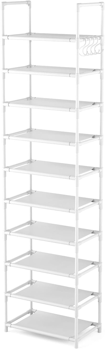 LANTEFUL 10 Tiers Tall Shoe Rack 20-25 Pairs Boots Organizer Storage Sturdy Narrow Shoe Shelf for Entryway, Closets with Hooks, White - Image 8