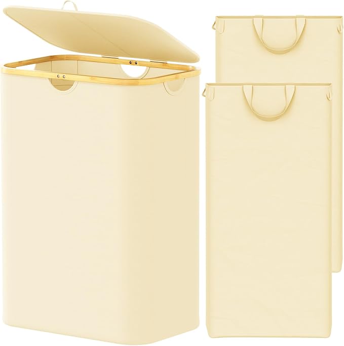 SpaceAid Double Laundry Hamper 2 Section with Lid and Removable Laundry Bags, 160L Clothes Basket with Bamboo Handles, Large Collapsible Hamper for Bedroom, Bathroom, Dorm, Laundry Room - Beige by SpaceAid