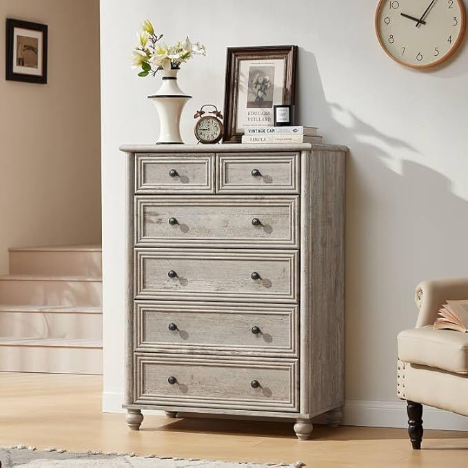 RWYHG Farmhouse 6 Drawer Dresser, Grey Chest of Drawers, 43.5" Tall Dressers for Bedroom with Roman Column and Metal Handles, Rustic Wood Storage Organizer for Living Room, Hallway, Closet