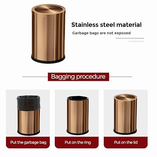 Antique Brass Bathroom Trash can with lid，Stainless Steel,Small Grabage Can with Flipping Lid, 9L/2.4Gal for Living Room,Bedroom,Guest Room,Hotel (Rose Gold) - Image 7