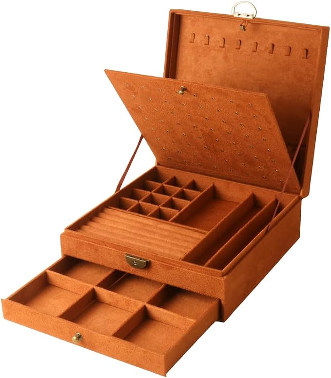 Women Jewelry Box Lockable 3 Layers Large Jewelry Organizer Storage Case for Earrings Necklaces Rings Bracelets,Green Display Jewel Holder (Caramel) by GYJOYERO