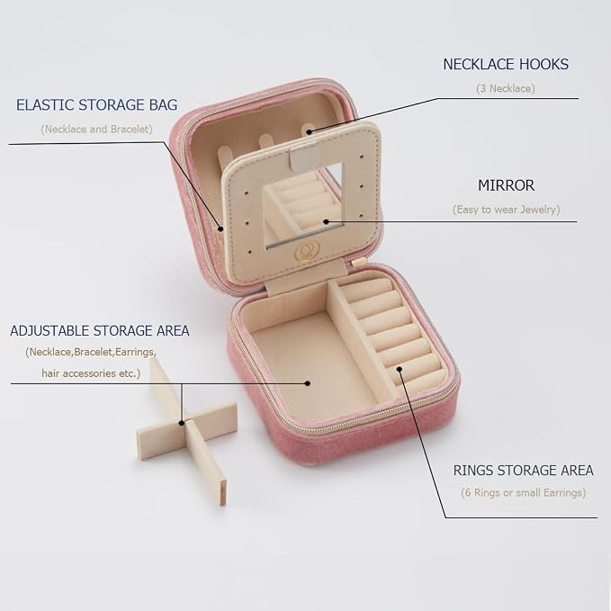 Plush Velvet Jewelry Travel Case,Small Jewelry Box,Traveling Jewelry Organizer,Portable Jewellery Storage Holder for Rings Earrings Necklace Bracelet, for Girls Women | Pink-Mirror - Image 2