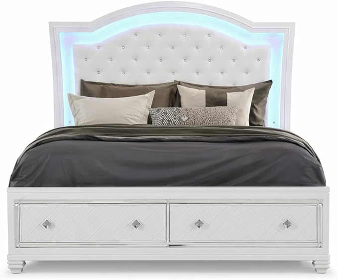 First of a Kind Shiney Contemporary 5 Piece King Bedroom Set High Gloss White Finish with Upholstered Headboard, Sleek Modern Bedroom Furniture Set for Coordinated Interiors