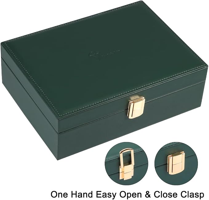 Voova Jewelry Box Organizer for Women Girls, 2 Layer Large Men Jewelry Storage Case, PU Leather Display Jewellery Holder with Removable Tray for Necklace Earrings Rings Bracelets, Blackish Green - Image 5
