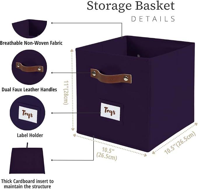 DECOMOMO Storage Bins, Cube Storage Bin with Labels, Fabric Storage Cubes for Shelves (10.5" x 11" / 6pcs, Deep Violet) - Image 3