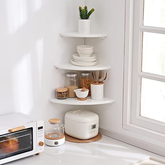 Corner Shelf, Solid Oak Wood Floating Corner Shelf Wall Mount Round End Floating Speaker with Wire Hole for Small Plant Photo for Bedroom Kitchen, Living Room White - Image 2