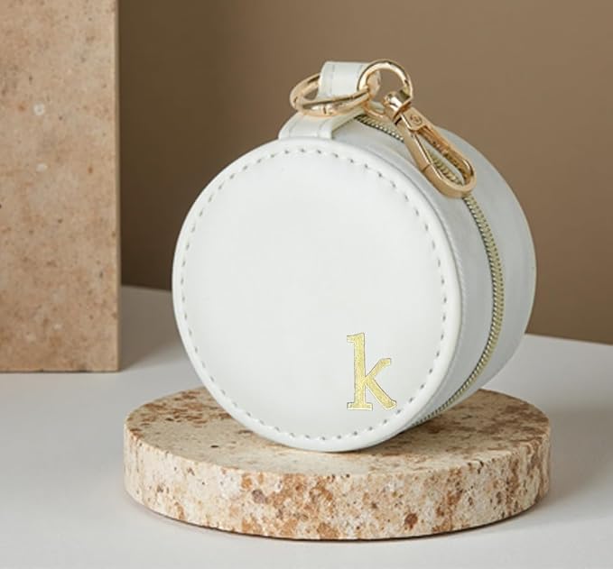 COLLECTIVE HOME - Monogrammed Letter Jewelry Case, Portable Travel Ring Holder Box with Keychain, Personalized Initial Organizer for Earrings Necklaces, Gift for Her (White-k) - Image 2
