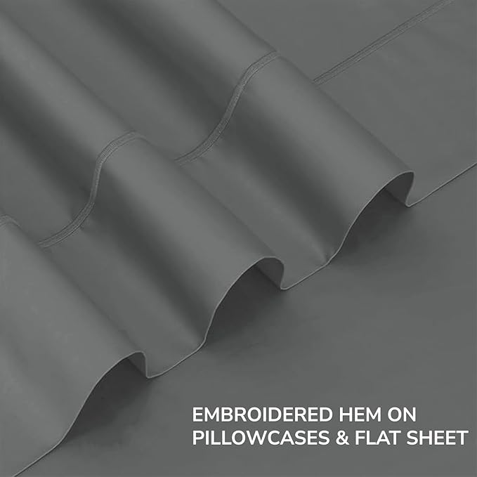 Feather & Stitch 500 TC King Size 4pc Damask Bed Sheet Set, 100% Soft Cotton Breathable Bedsheets, 18" Deep Pockets Sateen Weave Solid Bedding Mattress Resort Hotel Luxury Decor - (Ash Grey)