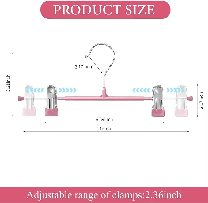 Pants Hangers with Clips 20 Pack Adjustable Skirt Hangers for Women Non-Slip Trousers Hanger for Jeans Clothes Hangers for Pants Heavy Duty Space Saving Shorts Hangers,Pink,14Inch - Image 6
