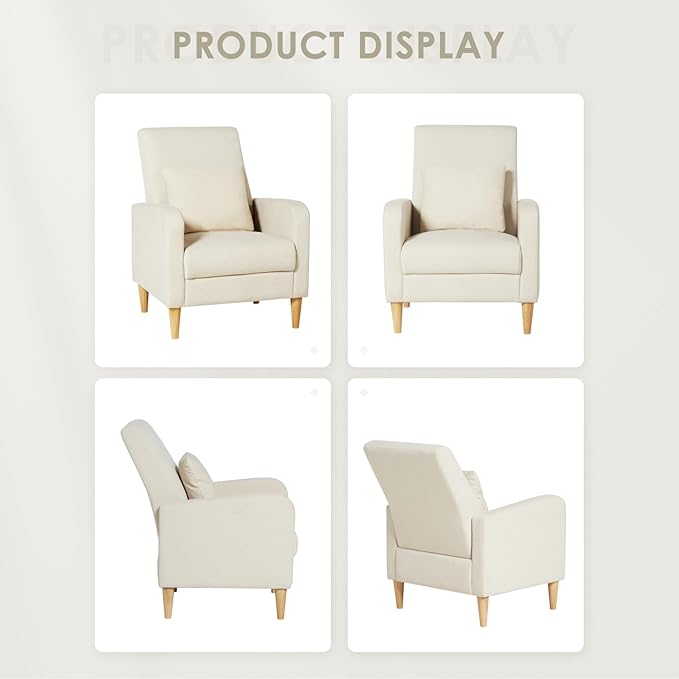 COLAMY Sherpa Upholstered Accent Chair Armchair with Pillow, Fabric Reading Living Room Side Chair,Single Sofa with Lounge Seat and Wood Legs, Cream