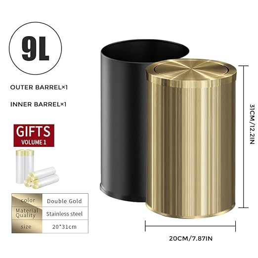 9 Liter/2.4 Gallon, Gold Trash can with Swing lid, Brass Small Trash can, Gold Trash Bin with Lid for Office, Living Room,Bathroom，Restaurant Bathroom - Image 6