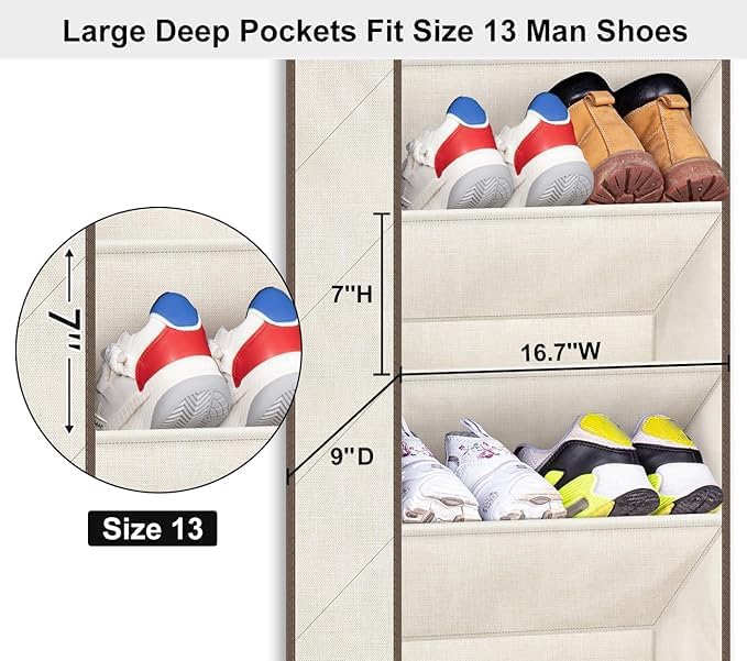 SLEEPING LAMB Over The Door Shoe Organizer for Closet with Large Deep Pockets, Narrow Shoe Rack for Door Hanging Boots Storage, Beige - Image 3