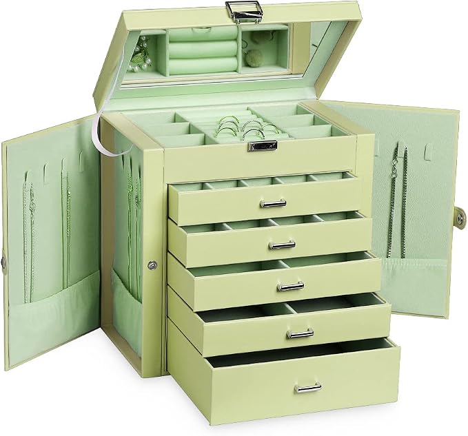 Frebeauty Large Jewelry Box,6-Tier PU Leather Jewelry Organizer with Lock,Multi-functional Storage Case with Mirror,Accessories Holder with 5 Drawers for Necklace Bracelets Watches by Frebeauty