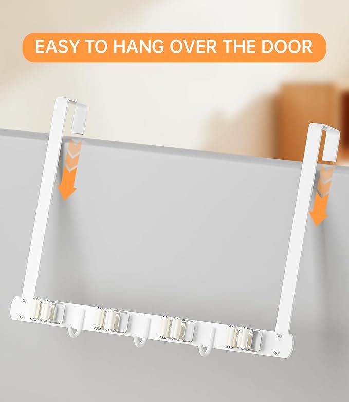 Broom Holder Over The Door - 304 Stainless Steel Mop and Broom Holder Wall Mounted or Hanging Over The Door with Hooks - Broom Hanger - white, Broom Storage Tool Organizer for Closet Laundry - Image 6