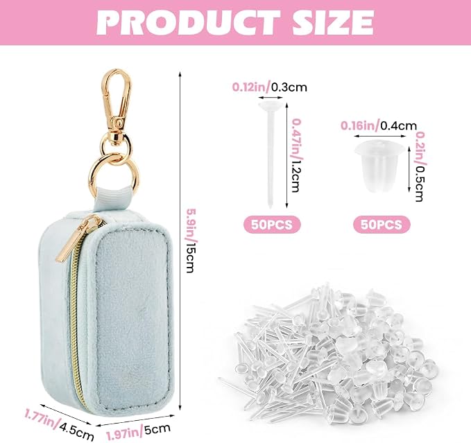 Velvet Mini Travel Jewelry Case, 2 in 1 Ring Holder Keychain + 50 Plastic Earrings, Portable Small Jewelry Organizer for Women, Travel/Gym/Wedding/Bridesmaid Gift - Image 2