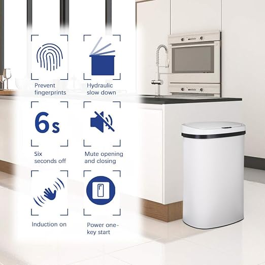 Kitchen Trash Can Office Bathroom Bedroom Waste Bin with Lid Automatic Sensor Touch Free Stainless Steel Garbage Can 13 Gallon / 50L,White - Image 2