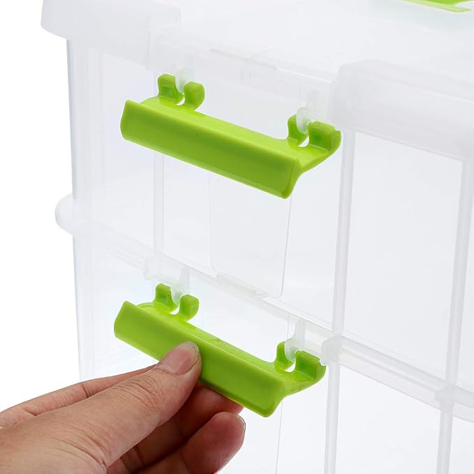 JUXYES 2-Tiers Stack Carry Storage Box With Handle, Transparent Stackable Storage Bin With Handle Lid Latching Storage Container for School & Office Supplies (Green) - Image 5