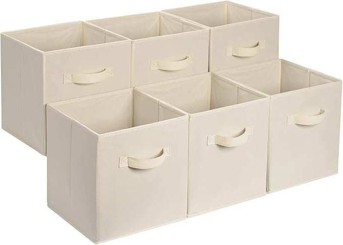 Amazon Basics Collapsible Fabric Storage Cube Bins Organizer with Handles for Organization and Organizing Solution, 13"x13"x13", Beige, 6-Pack by AmazonBasics