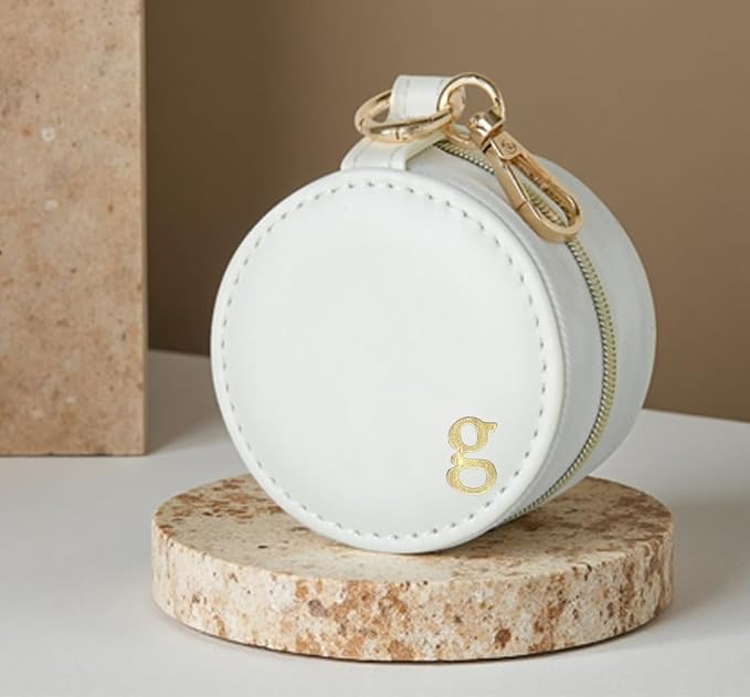 COLLECTIVE HOME - Monogrammed Letter Jewelry Case, Portable Travel Ring Holder Box with Keychain, Personalized Initial Organizer for Earrings Necklaces, Gift for Her (White-g) - Image 2