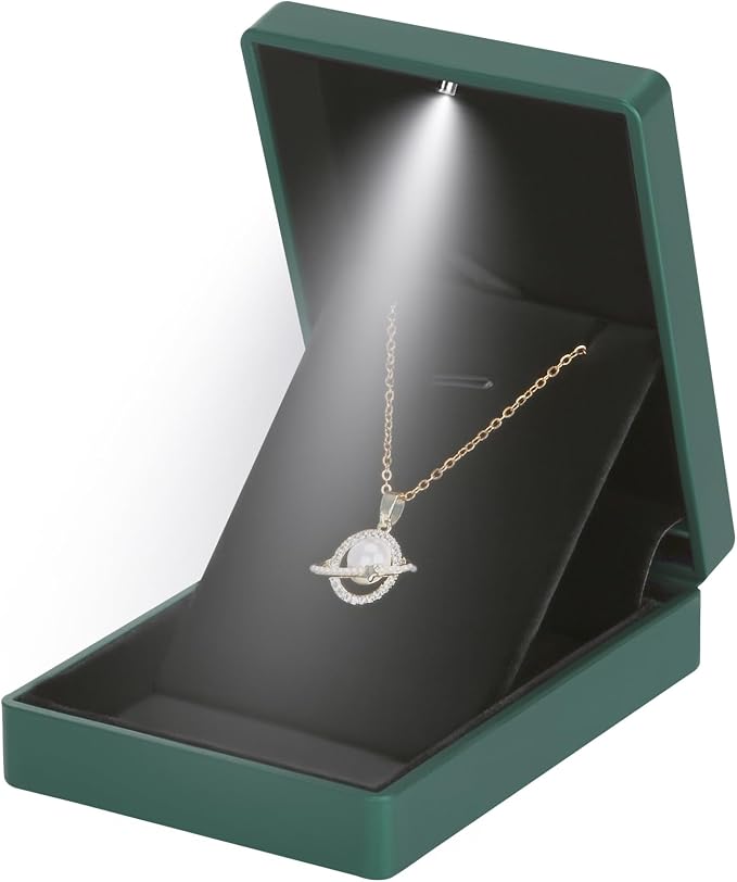 LED Light Pendant Necklace Gift Box, Velvet Jewelry Storage Display Case for Proposal Engagement Wedding Anniversary Birthday Valentine's Day (Green) - Image 2