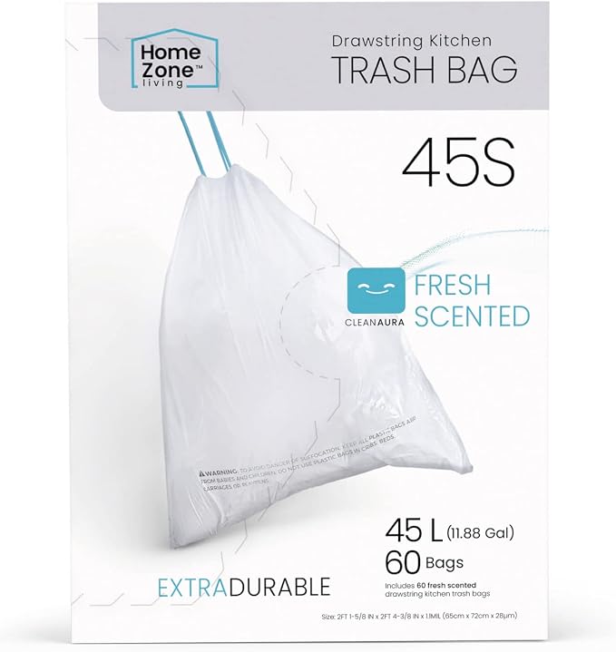 Home Zone Living 12 Gallon Kitchen Trash Bags with Drawstring Handles, Heavy Duty Custom Fit Design for Standard 45 to 50 Liter Kitchen Trash Cans, Code 45S, 60-Count by HomeZoneLiving
