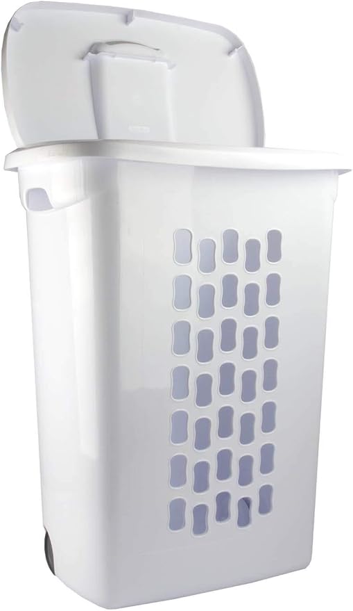 Sterilite Ultra Wheeled Laundry Hamper with Lid, Handle and Wheels for Easy Rolling of Clothes to and from the Laundry Room, Plastic, White, 1-Pack - Image 3